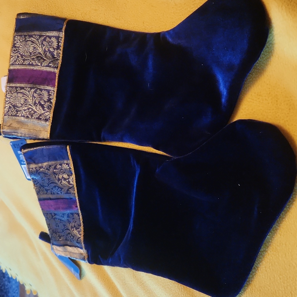 N12  New Pair of Blue Velvet with Gold, Purple & Blue Satin Cuffs Stocking 18"